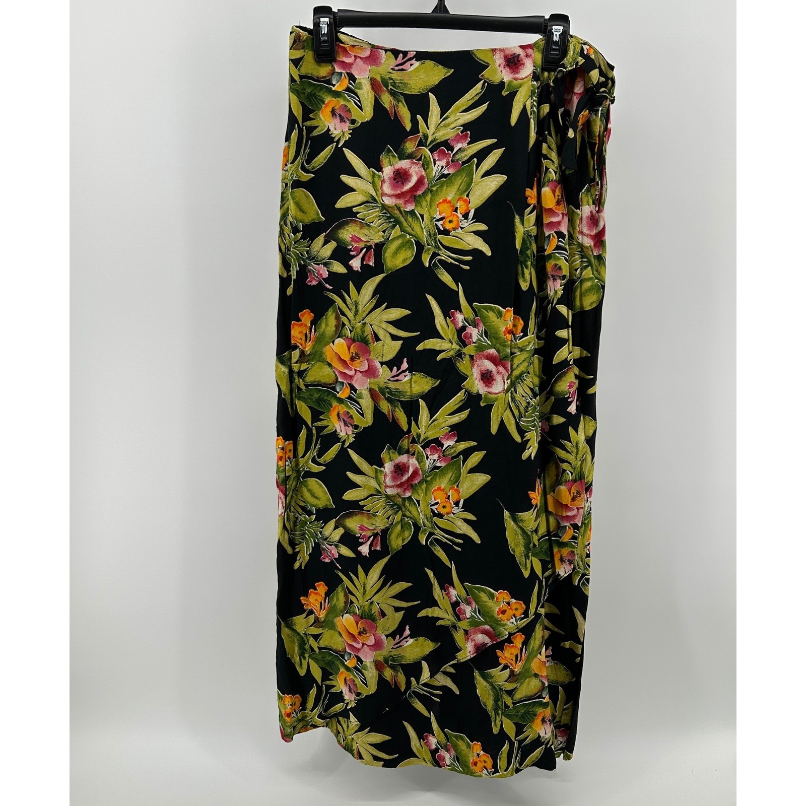 John Roberts Vintage Tropical Colorful Floral Faux Wrap Maxi Skirt Black 16 USA