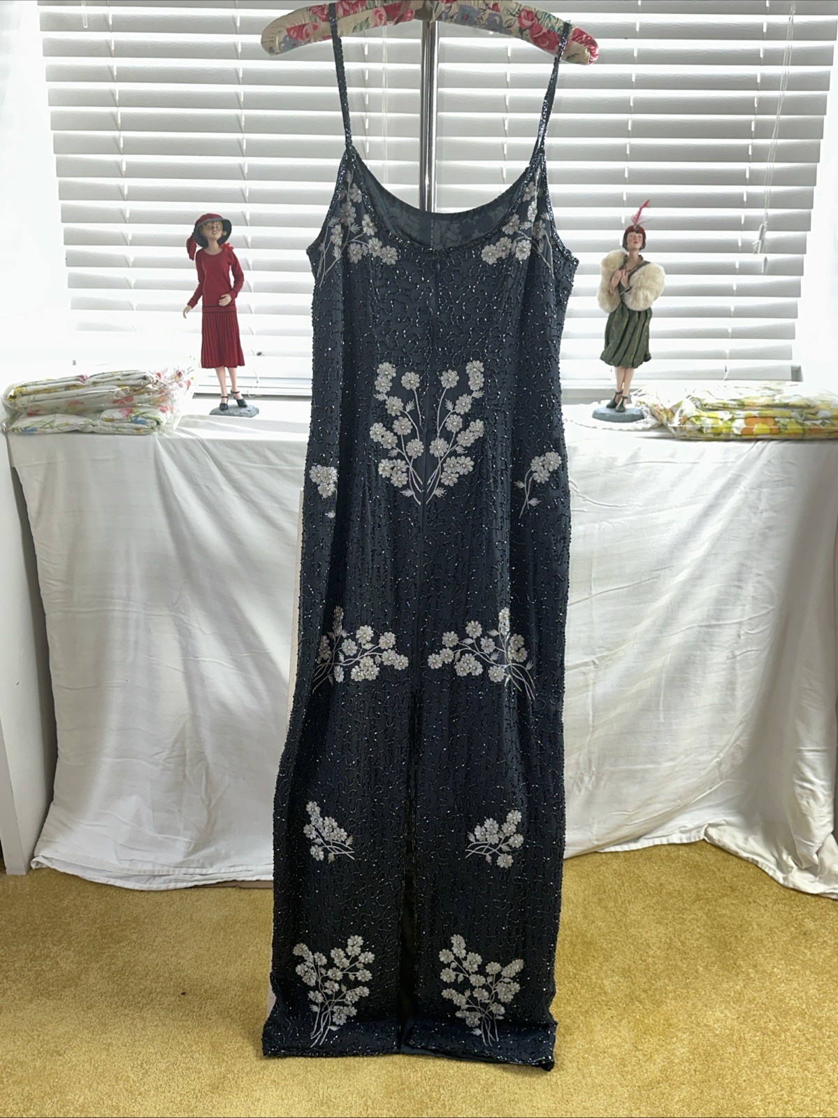 Vintage Papell Boutique Evening Grey Beaded Evening Gown Silk Size 8