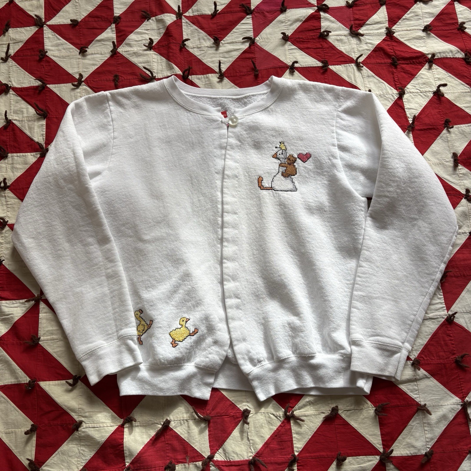 Vintage Y2K Cross Stitch Open Front Sweatshirt Women’s Cute White Grandma Style