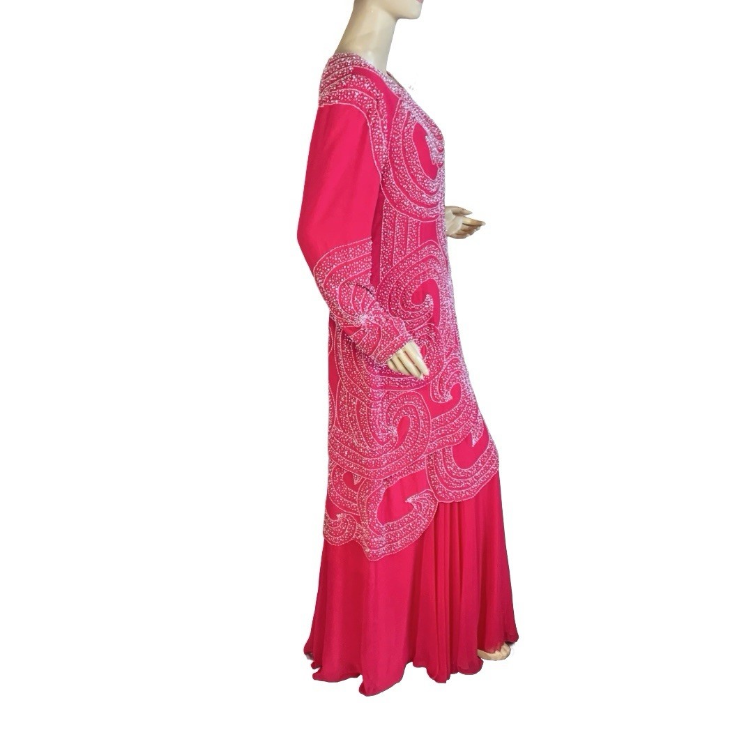WOMEN’S VINTAGE 1980’S JACK PINK & WHITE BEADED FORMAL DRESS SIZE 14
