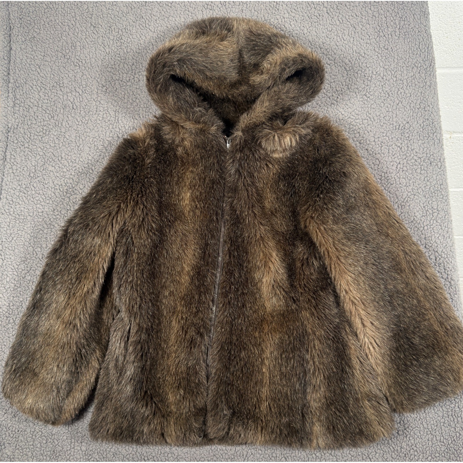 Vintage Sears Fashions Faux Fur Coat Womens 18 Hooded Jacket Brown Talon Zip 70s