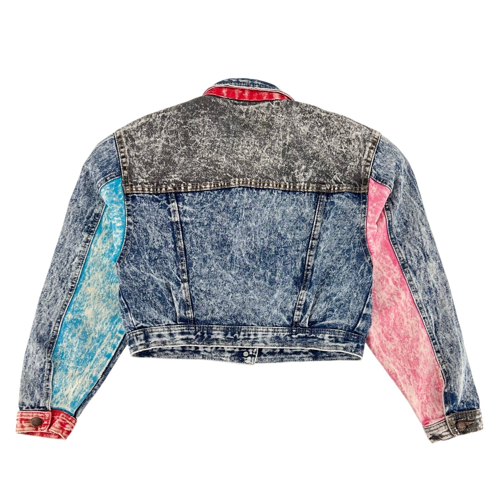 80s Cropped New Wave Acid Wash Jean Jacket Neon Color Block 1980s Vintage