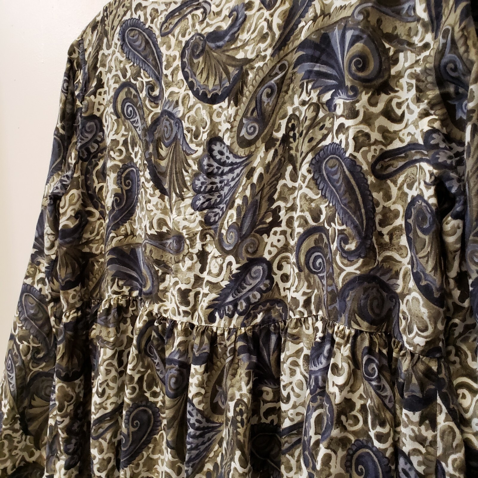 Vintage Lagenlook Maxi Dress Handmade Paisley Black Olive Tan Prairie Womens S
