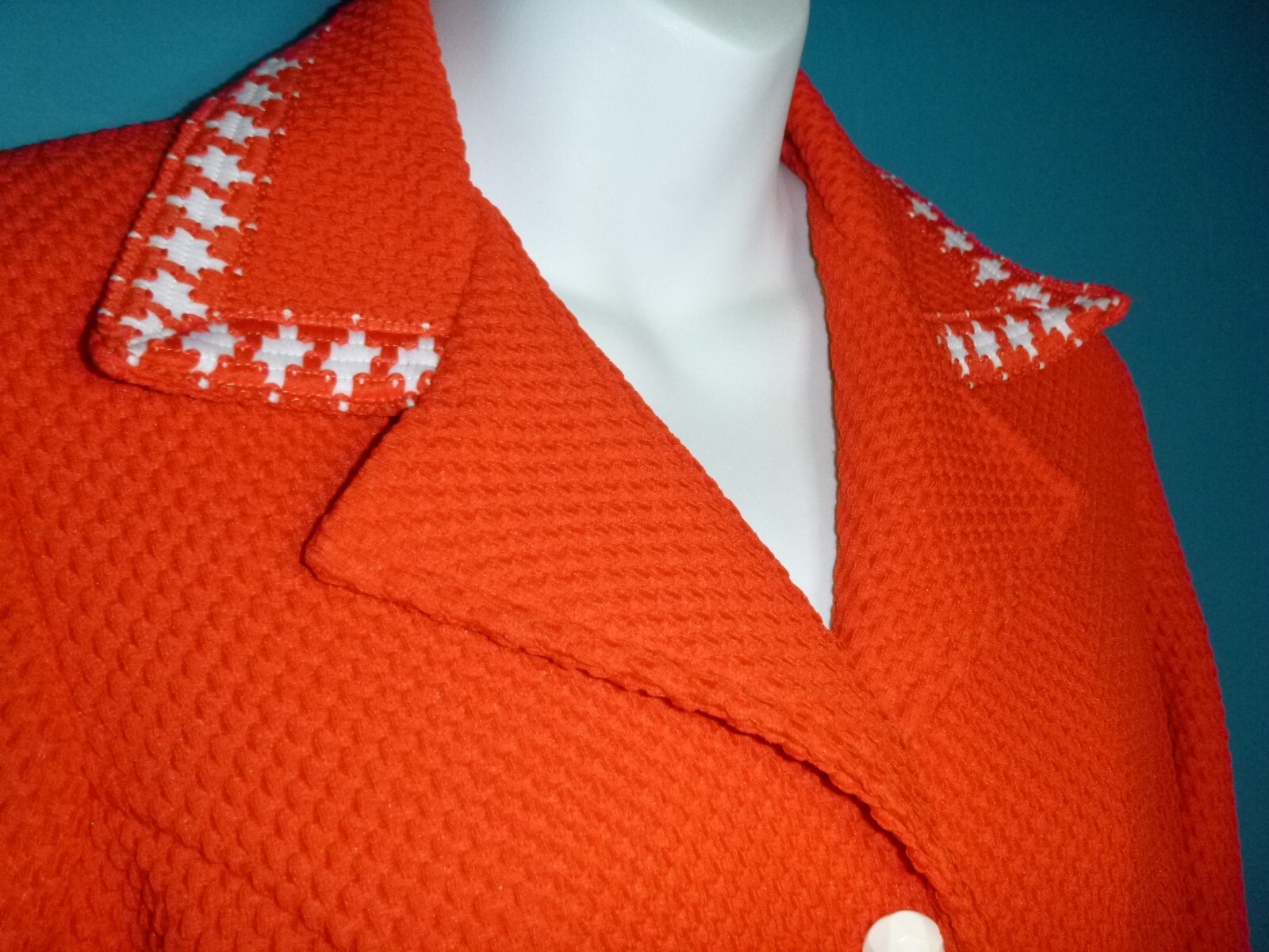 Vtg 70s Koret Red Textured Poly Blazer Jacket Red & White Trim Sz S/M