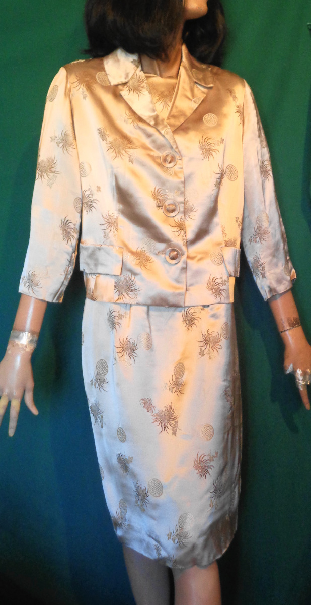 Vintage Tan Satin Brocade Dress and Matching Jacket B36