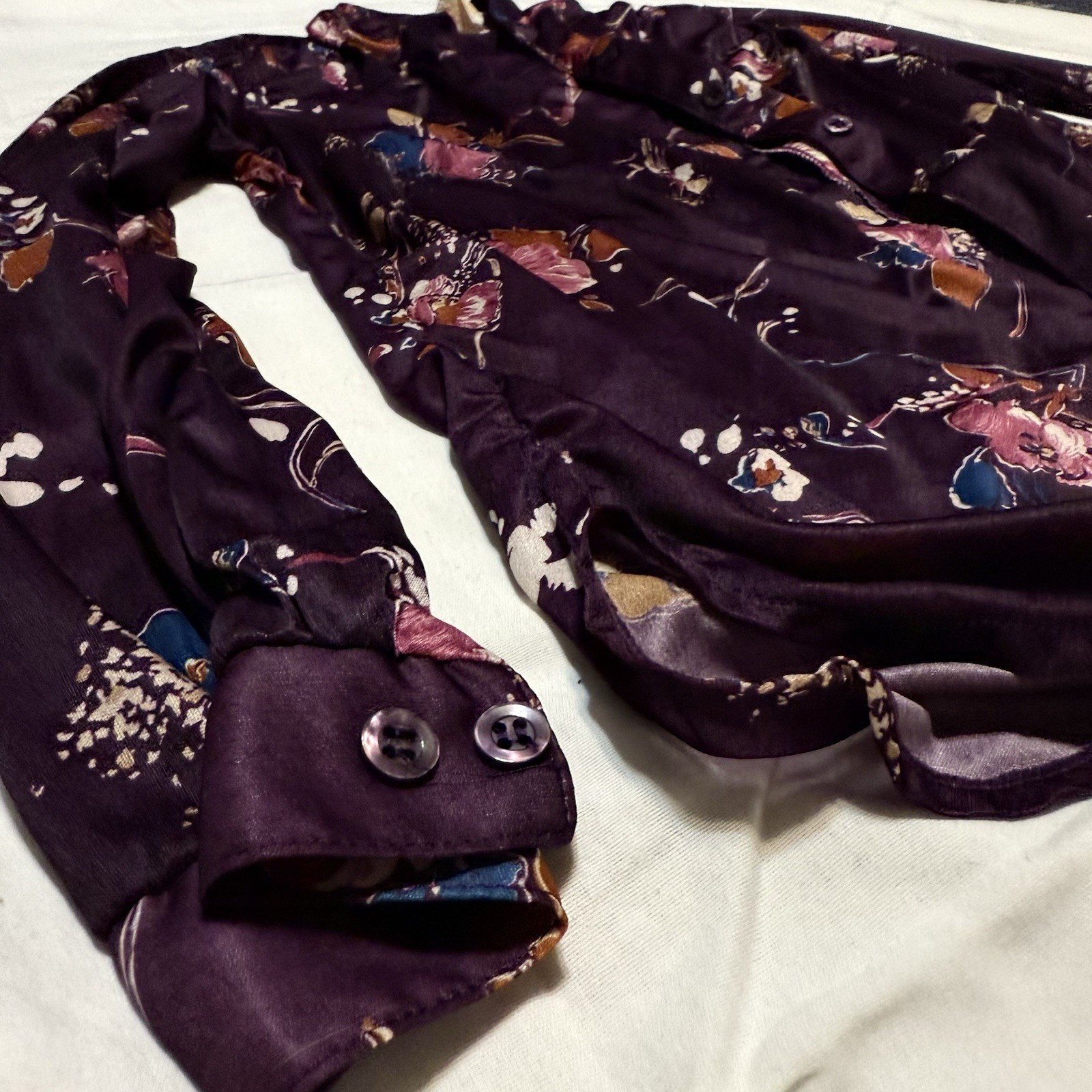 Vintage 70s Plum Satin Floral Blouse | Career Guild Taiwan ROC | Sz 14