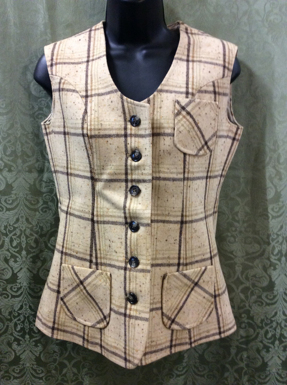 wool Suit XS 34 top 22X28.5 pant tan Brown 2 Piece Pant Suit Vintage 70’s plaid