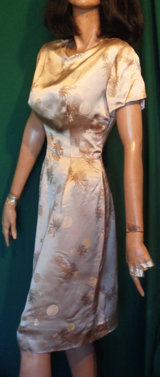 Vintage Tan Satin Brocade Dress and Matching Jacket B36