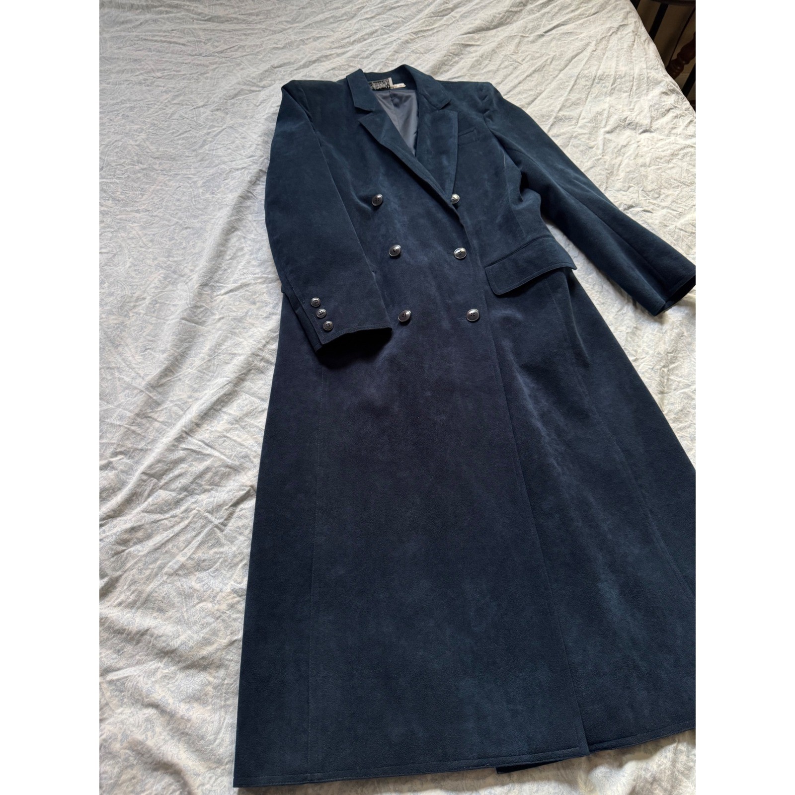 Vintage Navy Suede Leather Maxi Coat Women’s Size M Double Breasted Long Trench