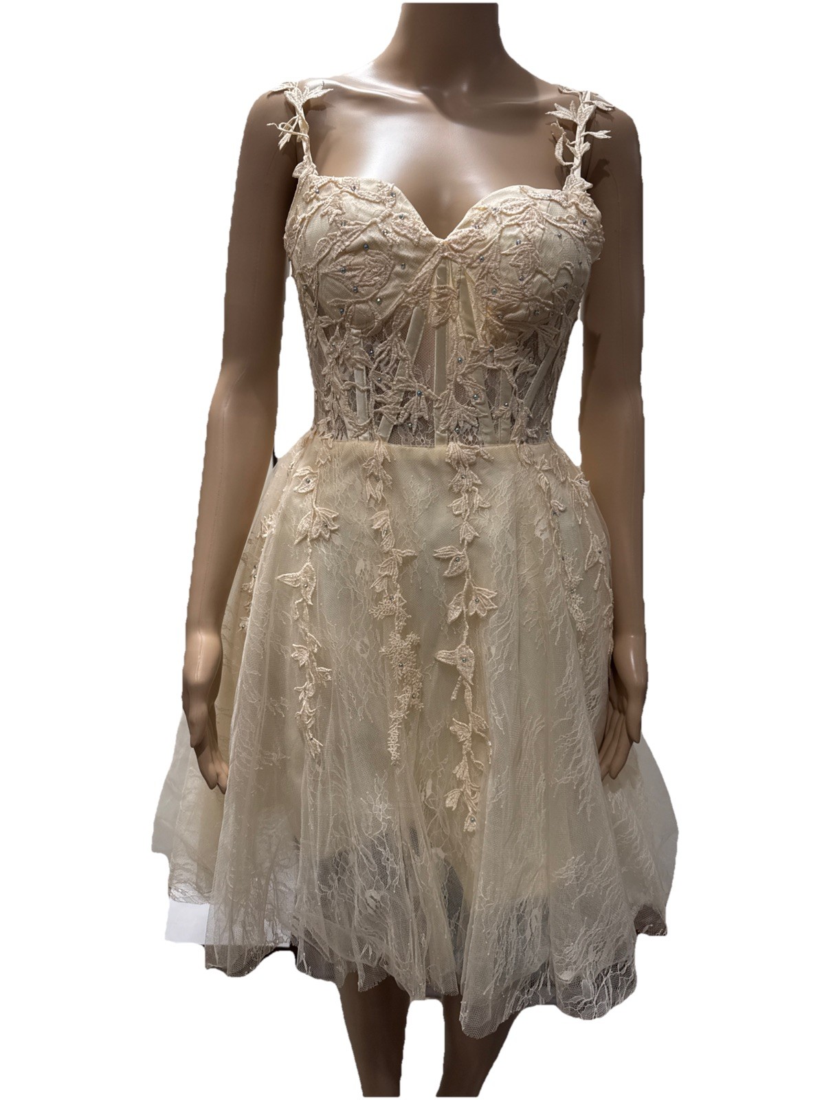 Women’s Dress Wedding Rhinestone Lace Back Party Formal Evening Gown Beige