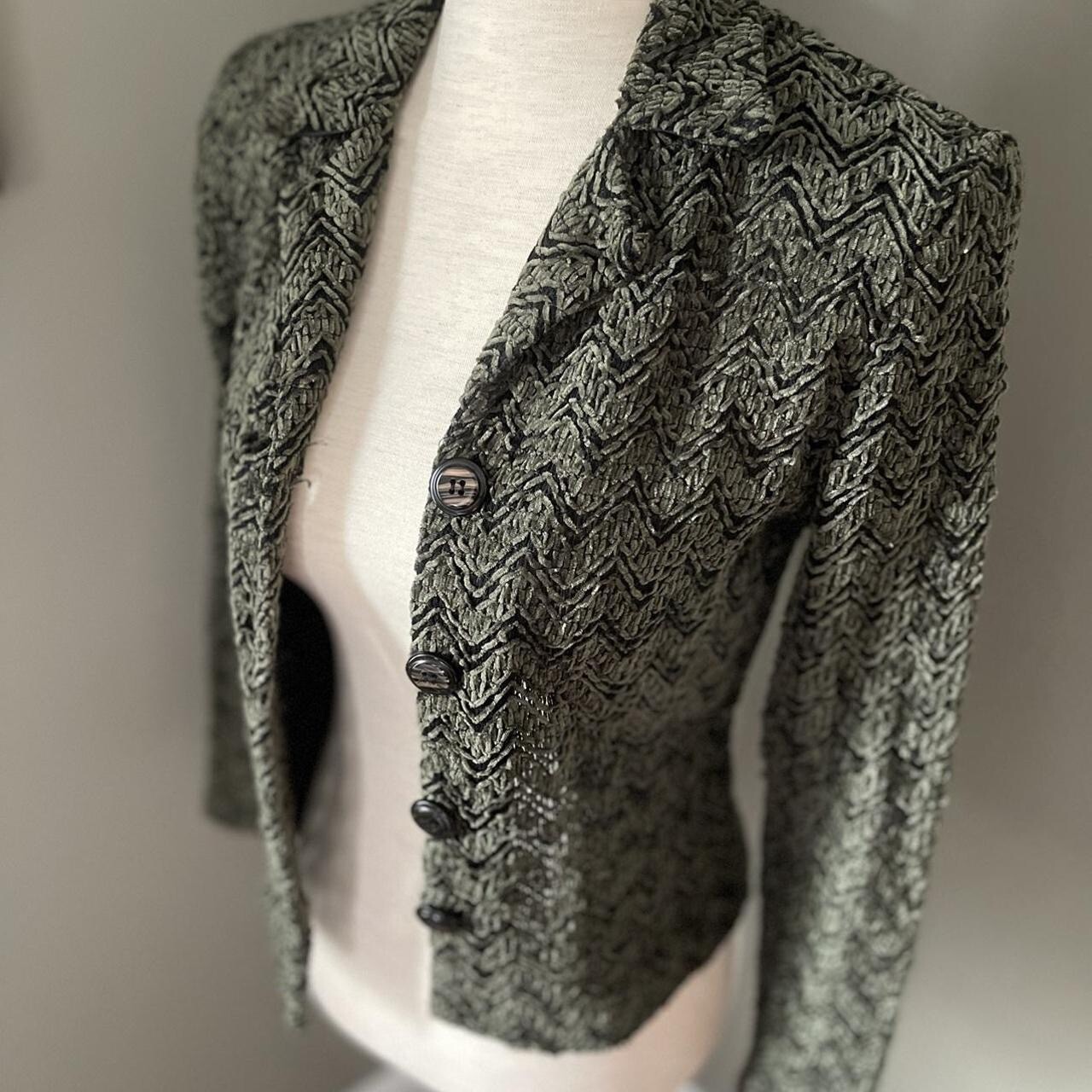Vintage 80s Button Up Shoulder Pad Green Black Bouclé Cardigan Jacket M Chenile