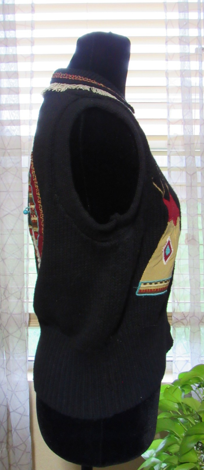 VTG Sharon Young Native American Black Sweater Vest TeePee Headdress Fringe S