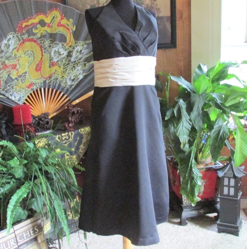 VTG Saison Blanche Black Brushed Satin Short Halter Dress Tan Cummerbund SZ 12