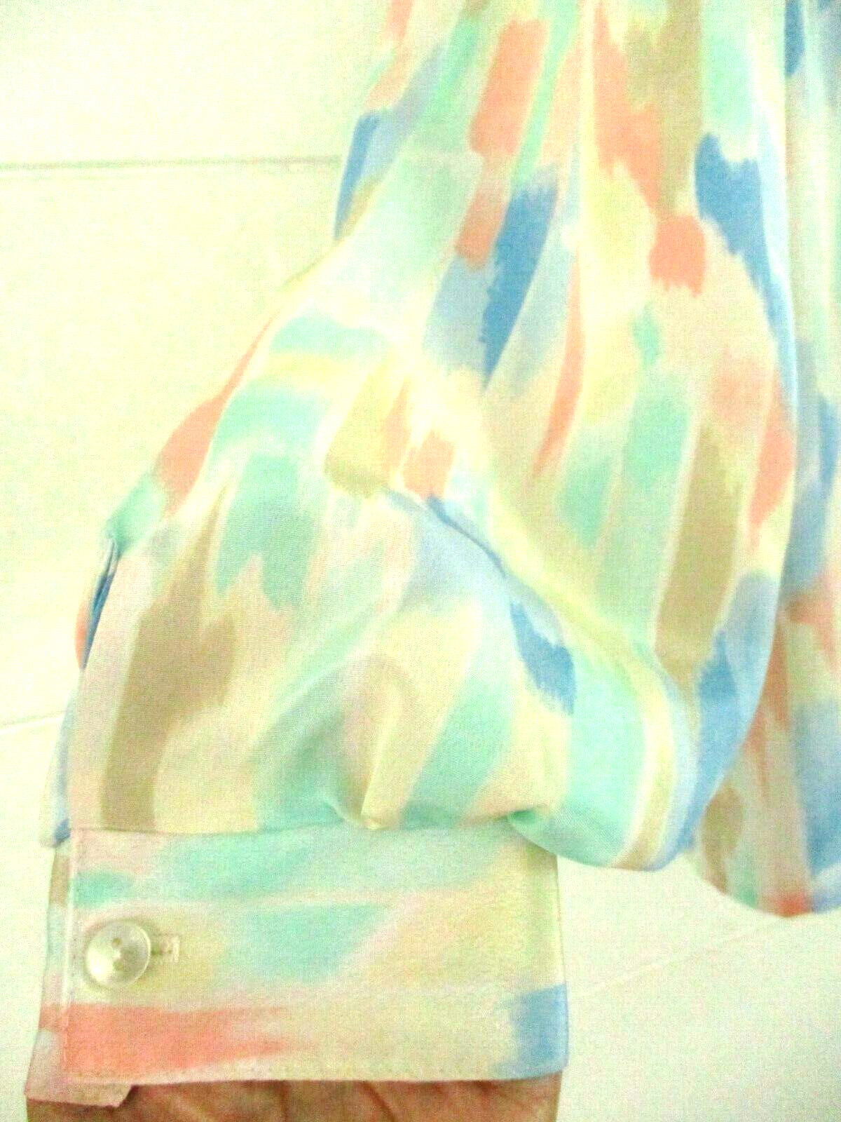 Vtg 1980’s Pastel Multi High-Neck Secretary Blouse Size 16 Striped Puffy Sleeve