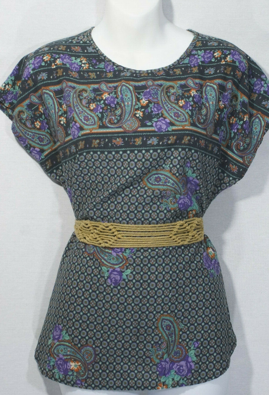 Vintage Top 1970’s Boho Shirt Cap Sleeve Blouse Purple Turquoise Paisley Tunic S