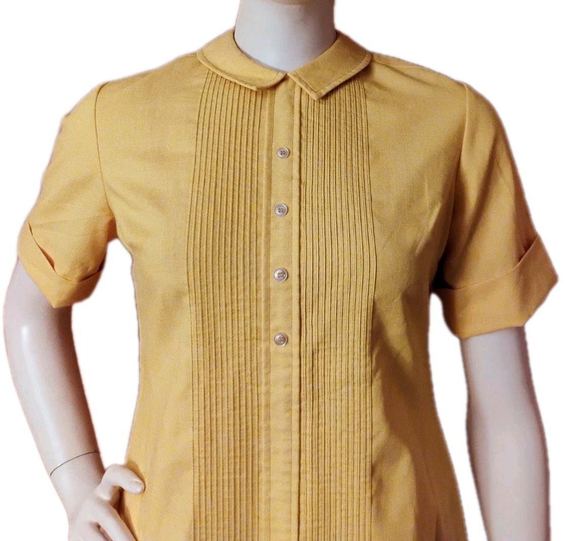 VTG 1970’s „the Art Shirt” Yellow Linen Pleated Ribbed Front Shirt Dress 9-10