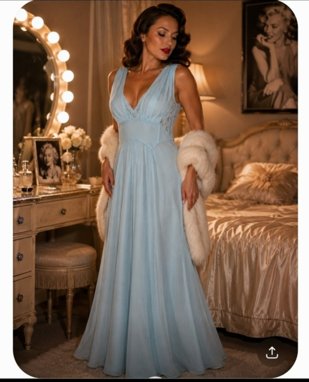 Vanity Fair 50’s Hollywood Glamour Boudoir Vintage V-Neck Light Blue Nightgown