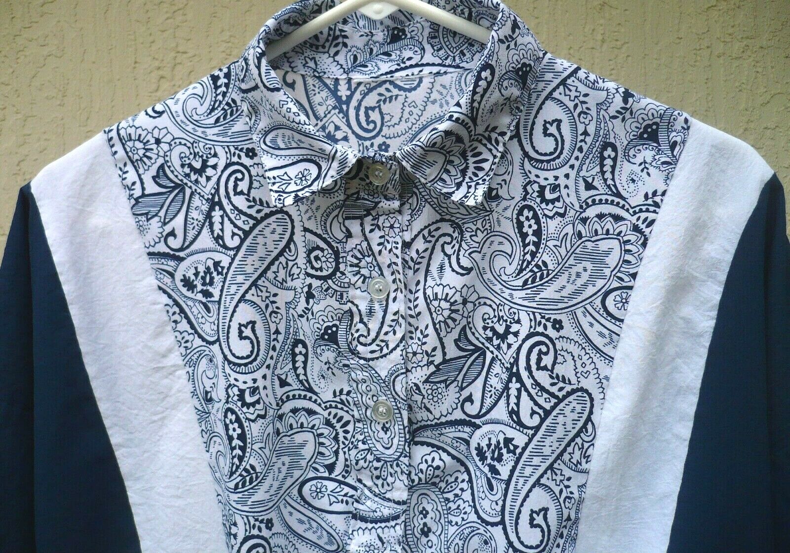 VTG 2X 1X PAISLEY NAVY SLIMMING WHITE STRIPE LIGHTWEIGHT SILKY POLO BLOUSE WOMEN