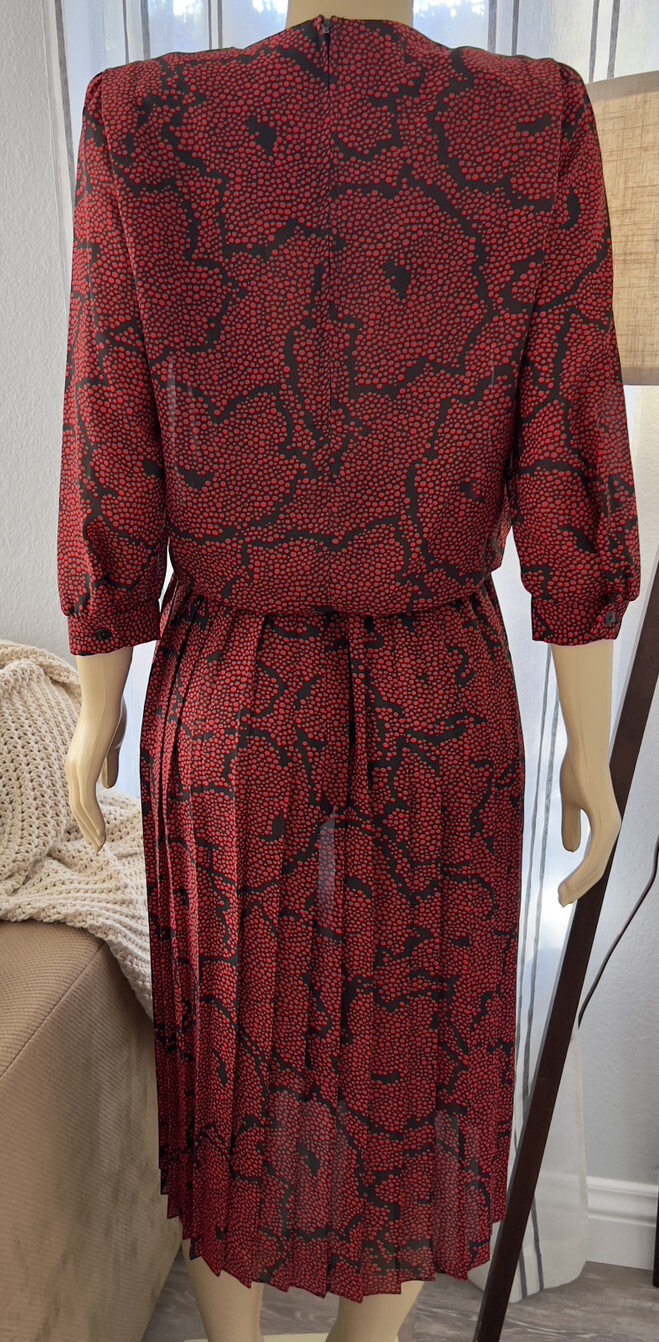 Vintage 80s REO Red Floral Pleated Drop Waist Dress Size 6 Retro ILGWU EUC
