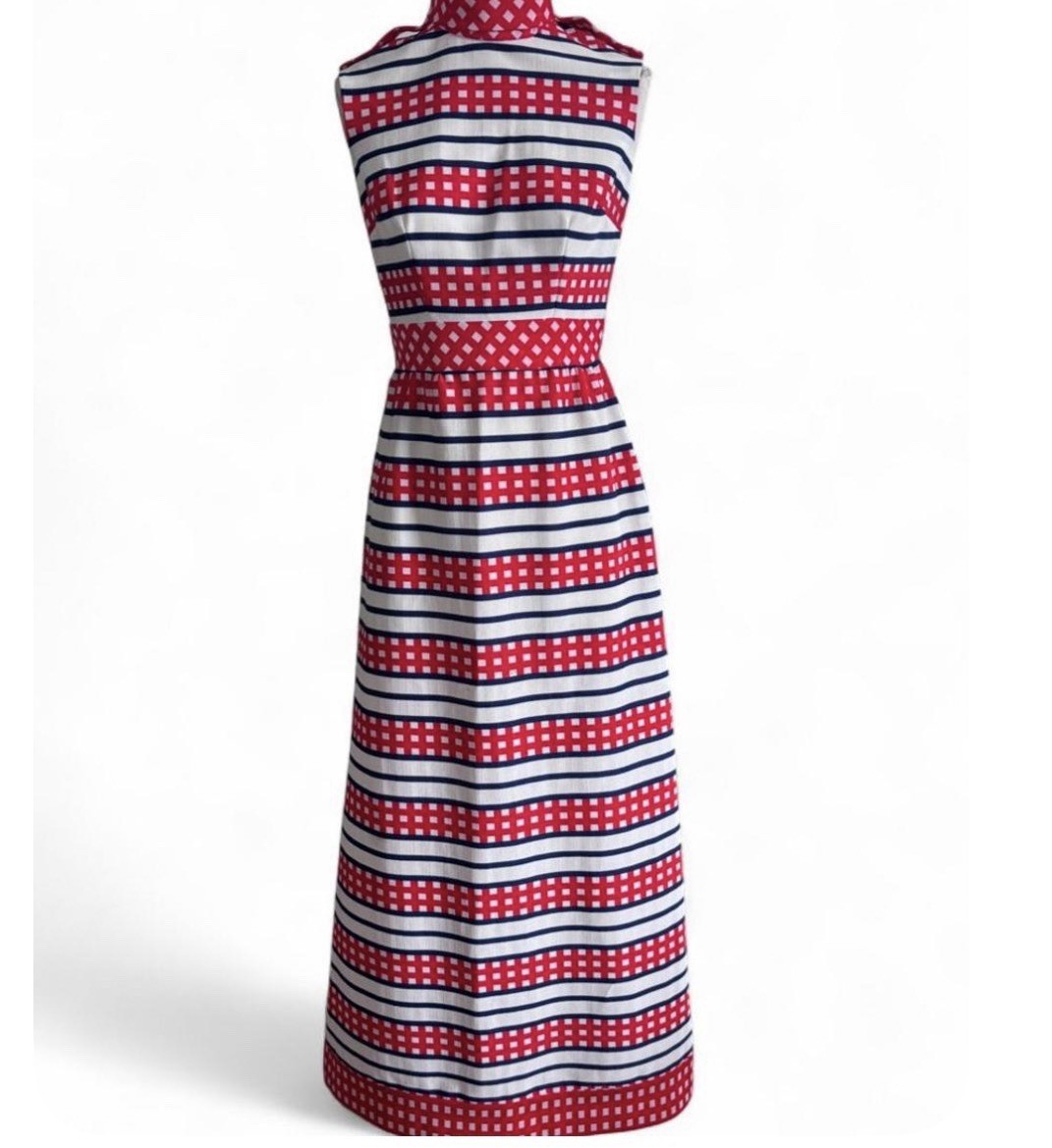 Vintage 1960s Mod Maxi Dress Red White Blue Gingham Striped Geometric Handmade