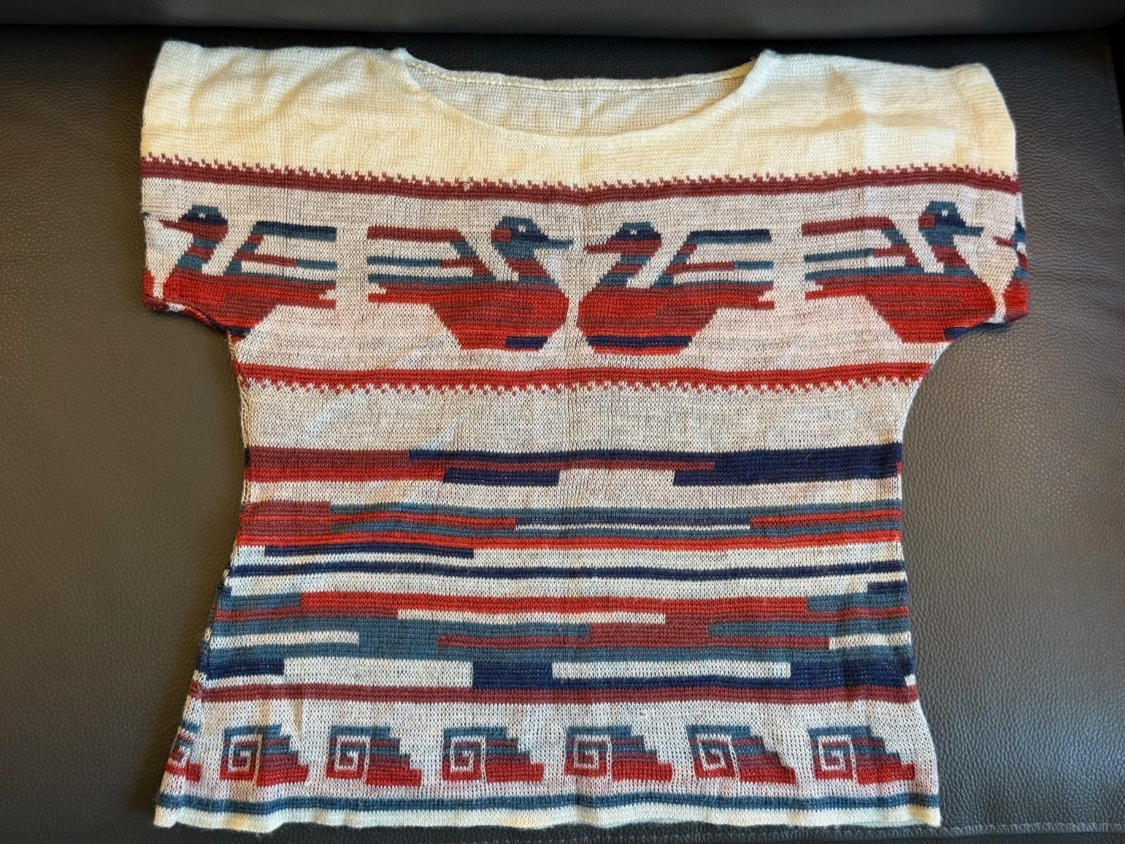 Mid Century Women’s Sweater – Peruvian Inspired Design – Red/Blue/White