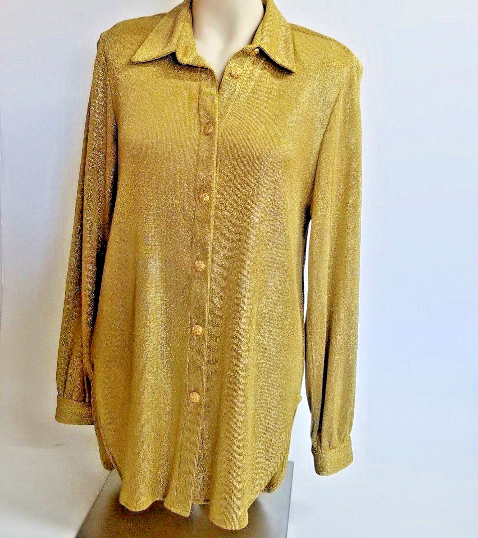 Vtg USA Pierre Lamonte 80s Gold Metalic Lame’ Tunic Shirt Sz 10 Confetti Buttons