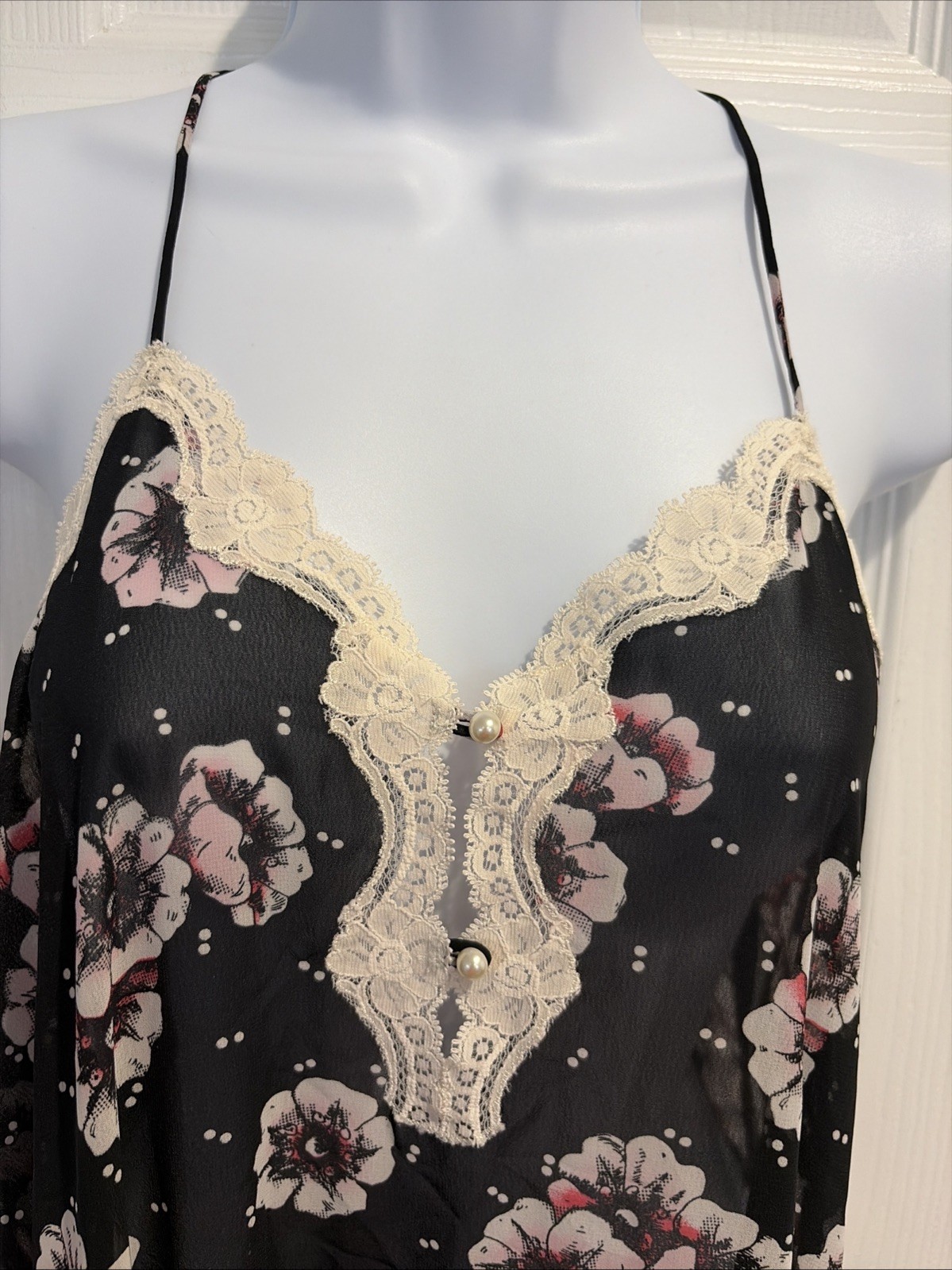 Prima Donna Black Floral with Ivory Lace Trim Long Nightgown Size M