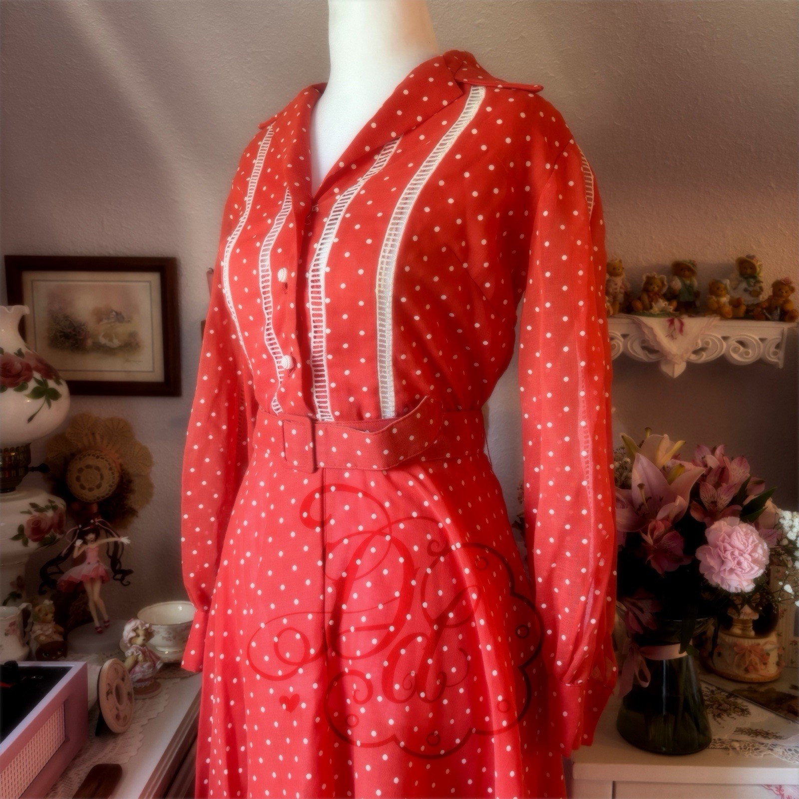 Vintage Avalon Red/White Polka Dot Shirt Dress Long Sleeve Collared Belt Size 12