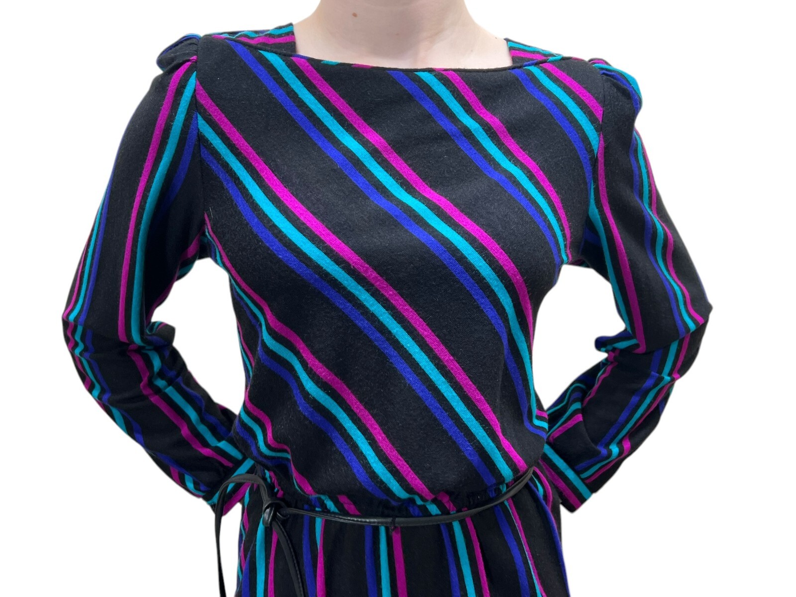 EUC Vtg 70s Sz S~M Dress Stripe Soft Knit Belt Sally Lou Boat neckline Puff Slv