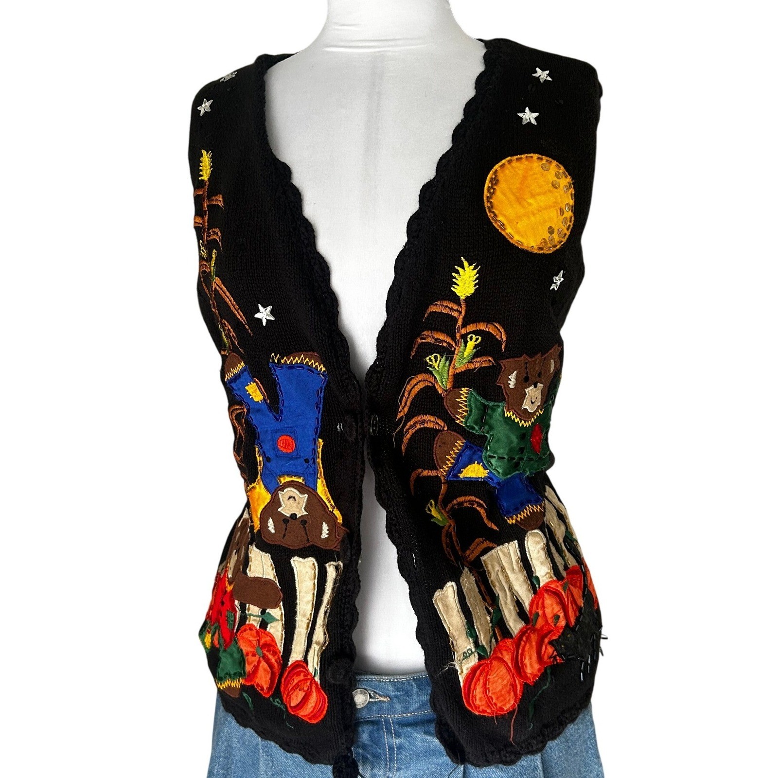 Vintage Halloween Knit Vest Medium Black Harvest Bear Pumpkin Patchwork Buttons