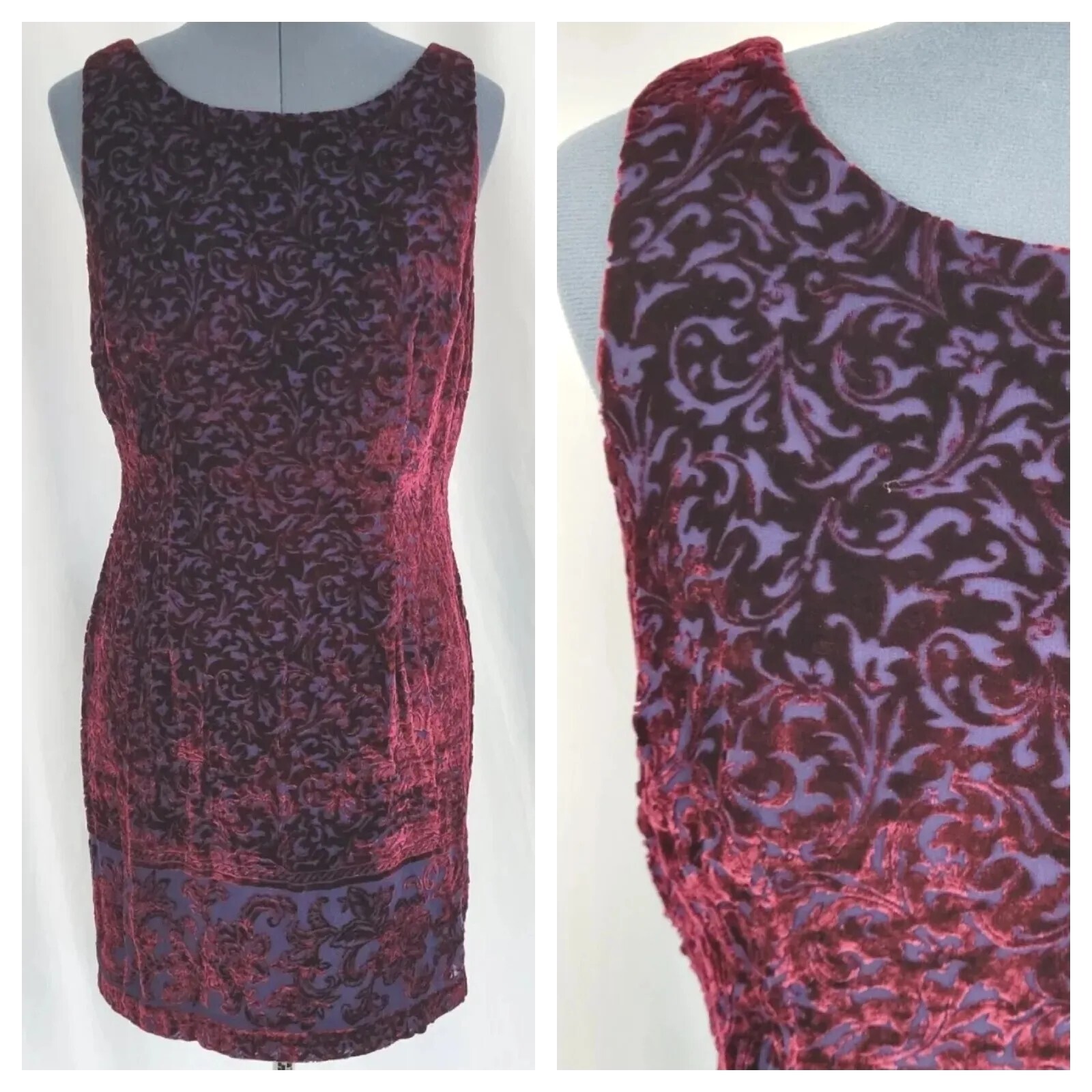 Vintage Moda Int’l Burgundy Velvet Burnout Dress w Border Pattern on Hem Size 10