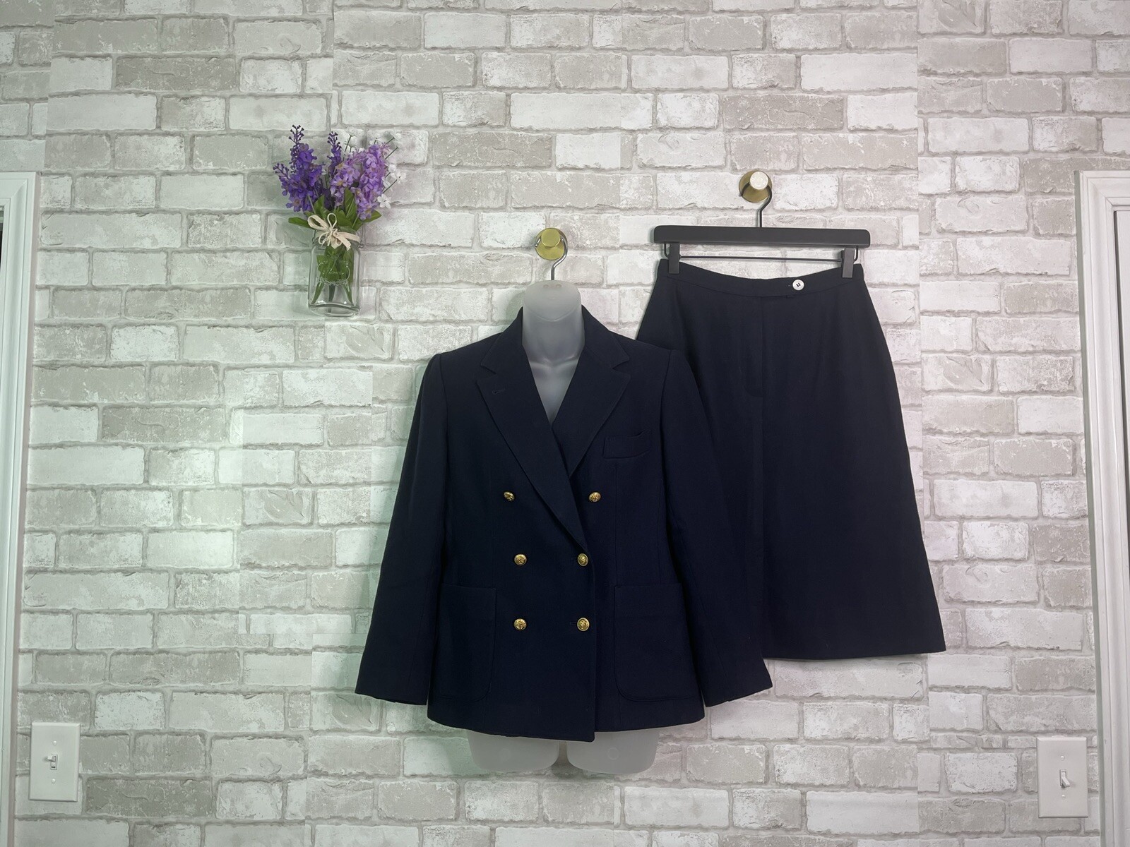 VINTAGE Evan Picone Navy Blue Wool Blend Jacket Skirt Set