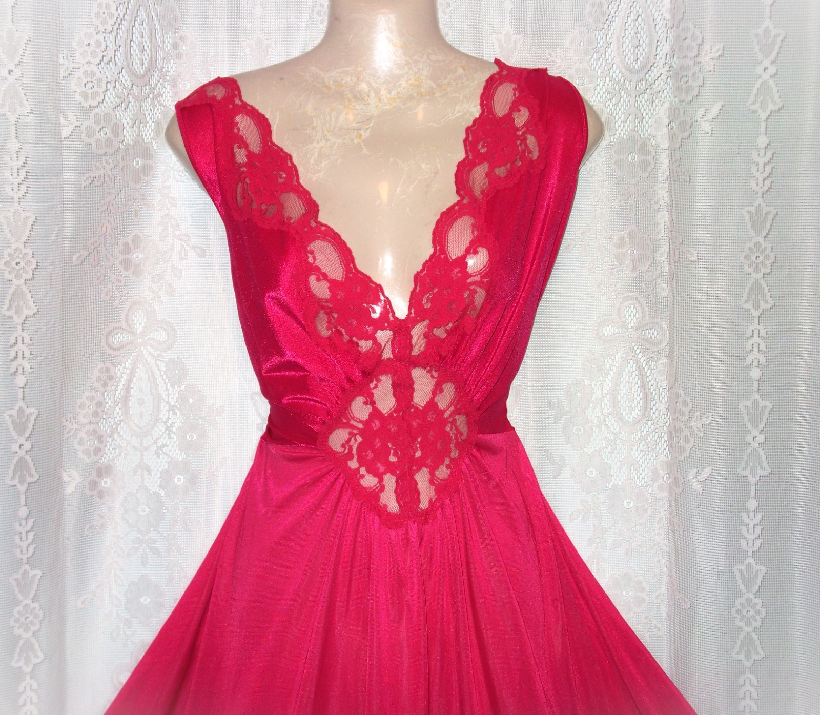 1X-2X,Hot pink,long vintage nightgown,silky nylon,spandex,shiny,negligee,nightie