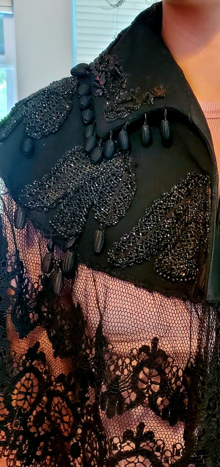 Antique Black Beaded Lace Victorian Edwardian Mourning Cape Capelet Mantel