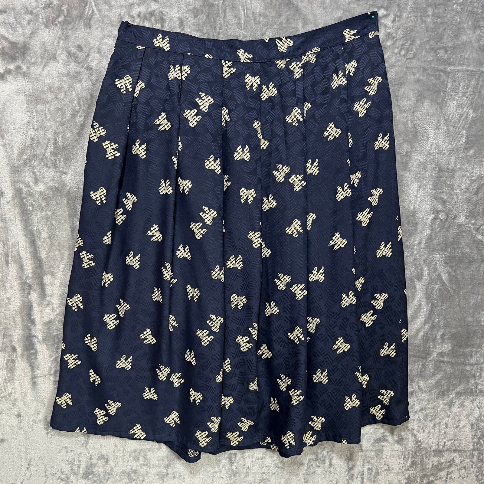 90s Jacquard Bow Print Silk Skirt Blouse Set 12 Navy Office Siren Dark Academia