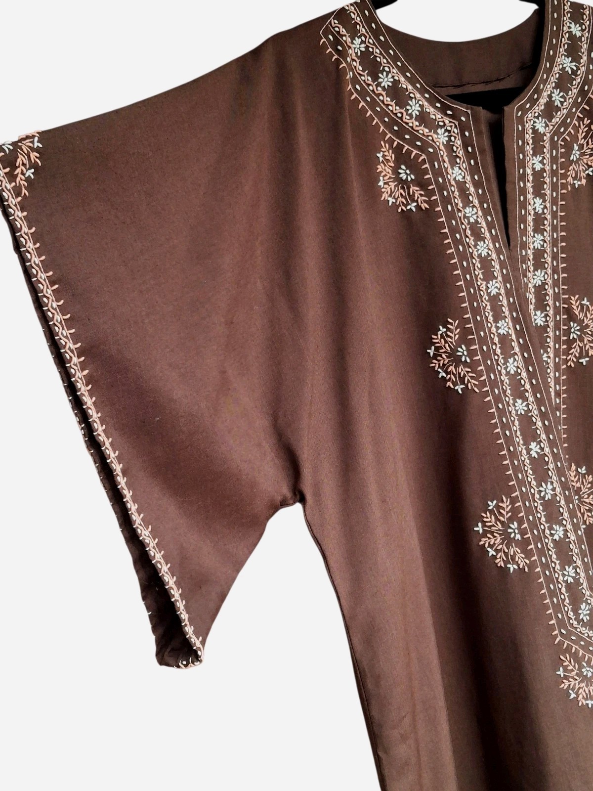 Vintage Brown Embroidered Kaftan Caftan Maxi Dress Boho Modest One Size Handmade