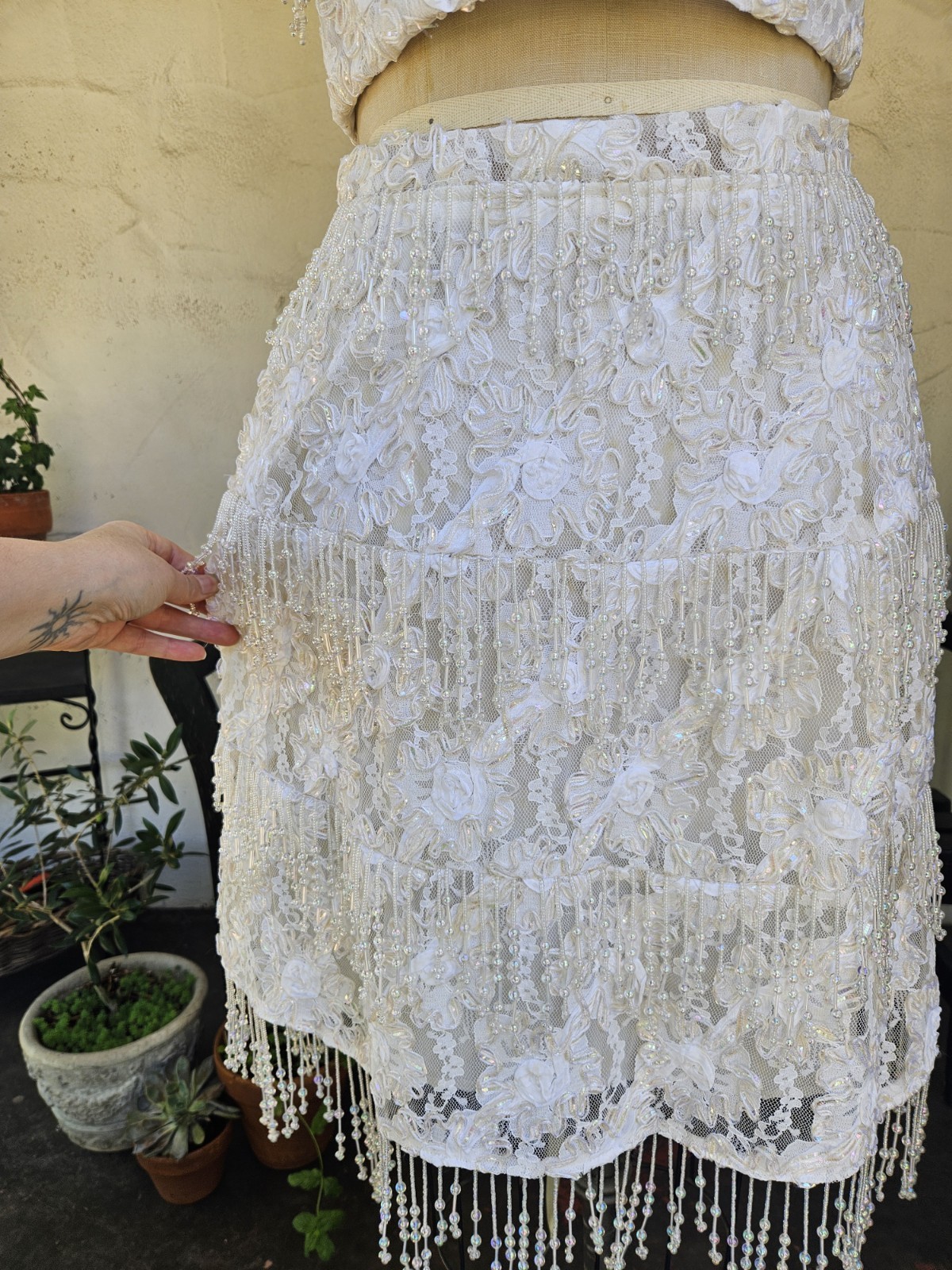 Vintage 1980s 2 Pic Wedding Dress Beaded Fringe Lace Bridal Bustier And Skirt L