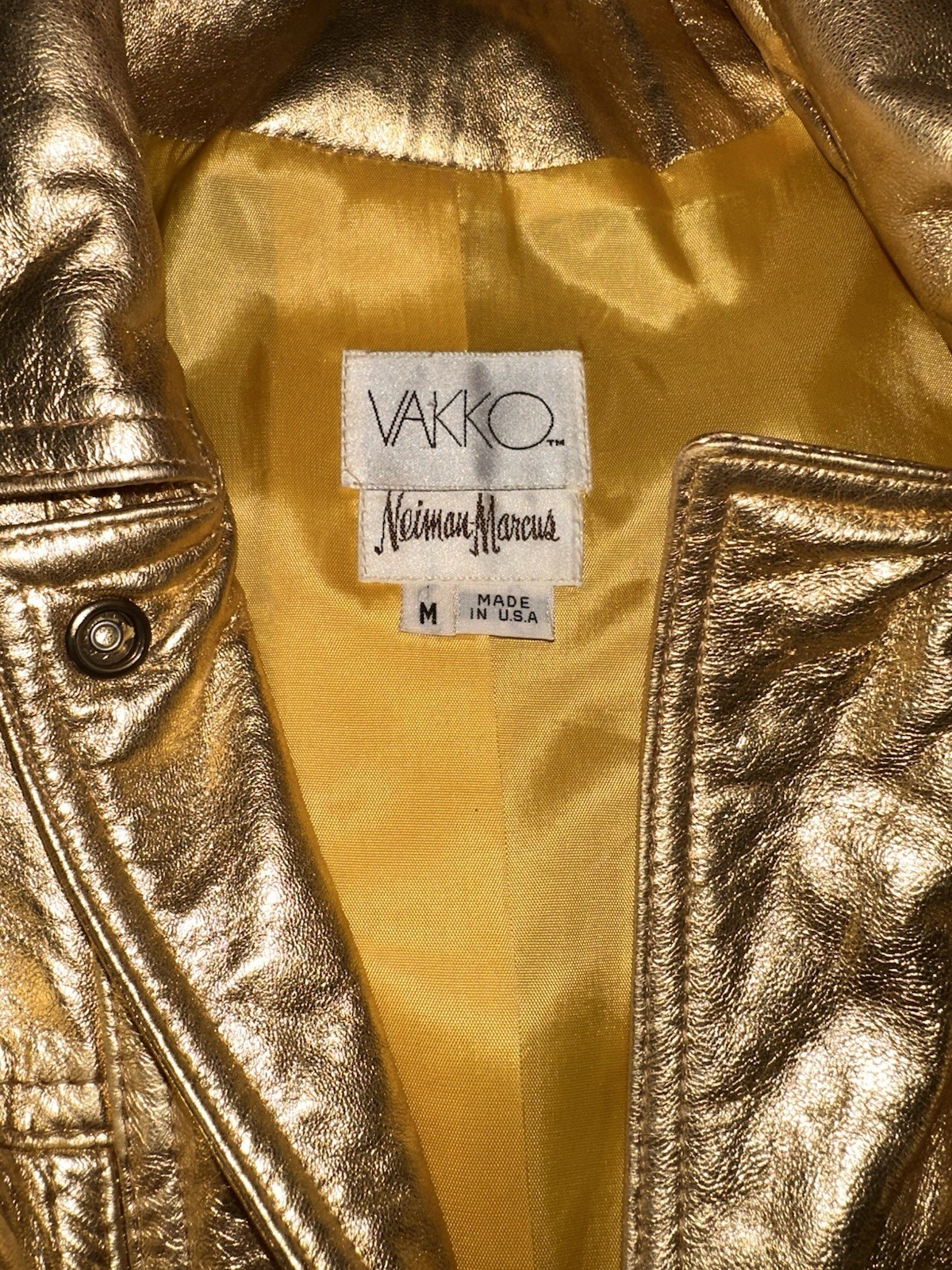 Vintage 80s VAKKO Neiman Marcus Gold Metallic Leather Jacket Bomber Medium USA