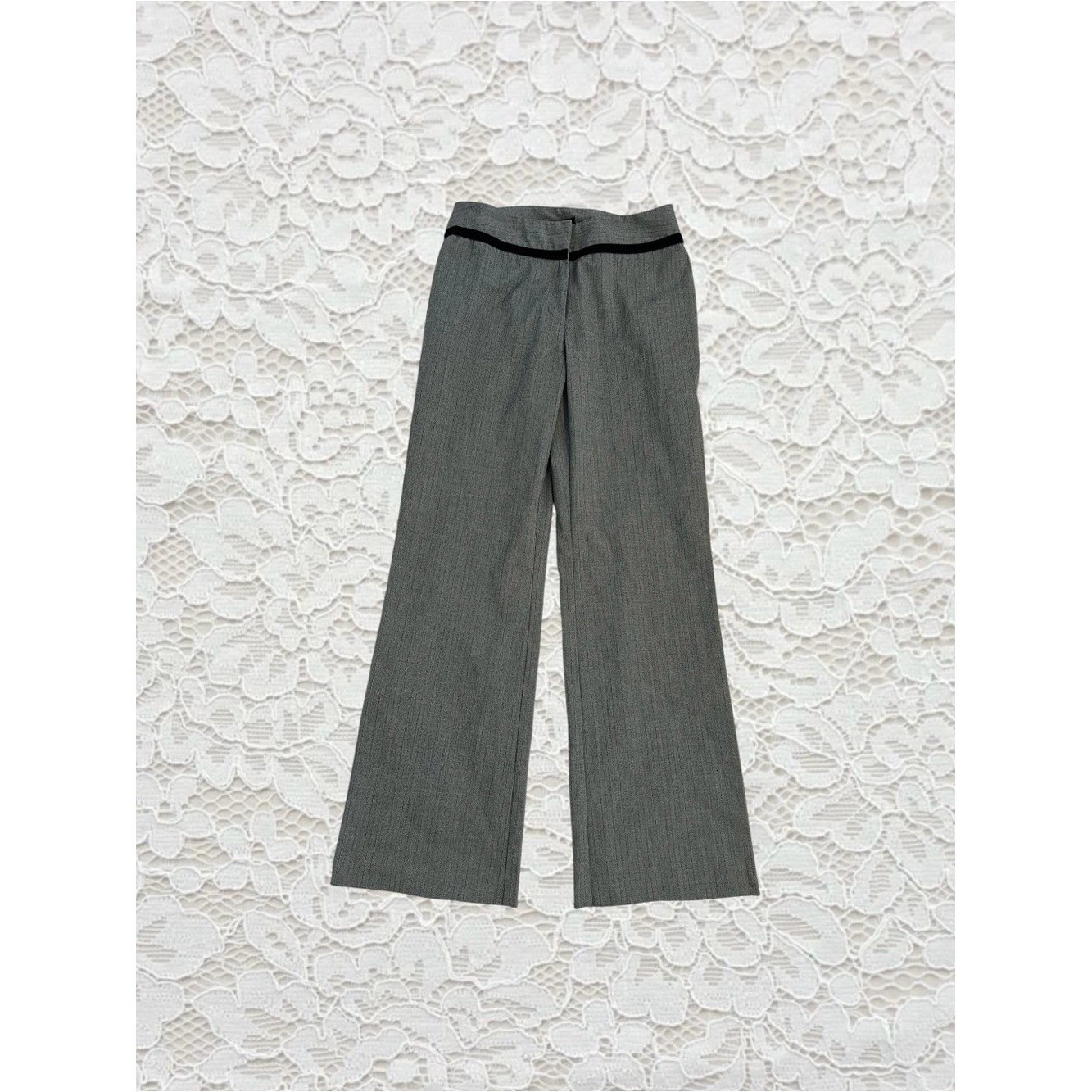 vintage y2k gray pinstripe office siren pants with black velvet waistband detail