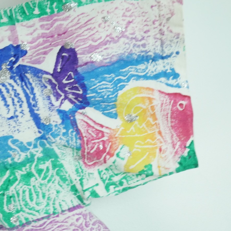 Vintage 90s Fish Print Tropical T Shirt Glitter Surf AOP 80s Beach Multicolor OS