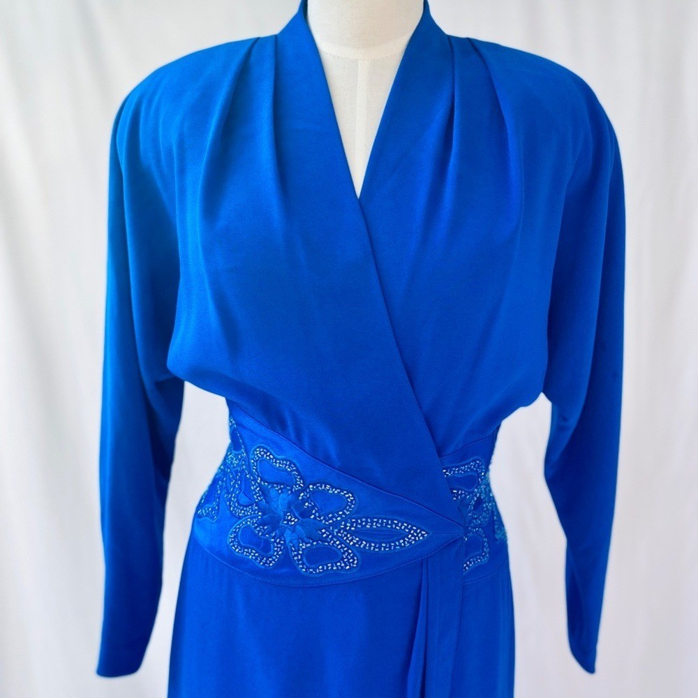 Vintage 80’s Daymor Couture Blue Wrap Style Dress with Beaded Embellishments S