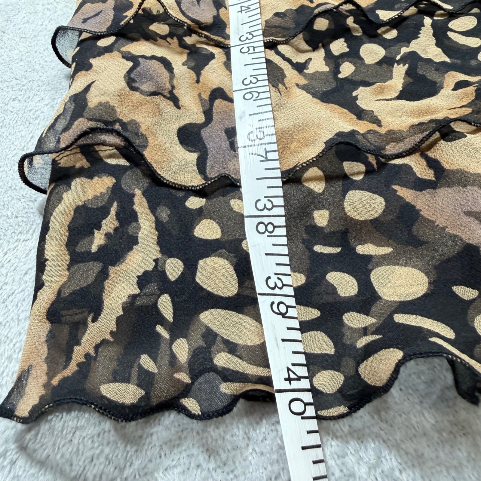 Vintage Jones New York 12 Brown Silk Animal Print Tiered Ruffle V-Neck Dress