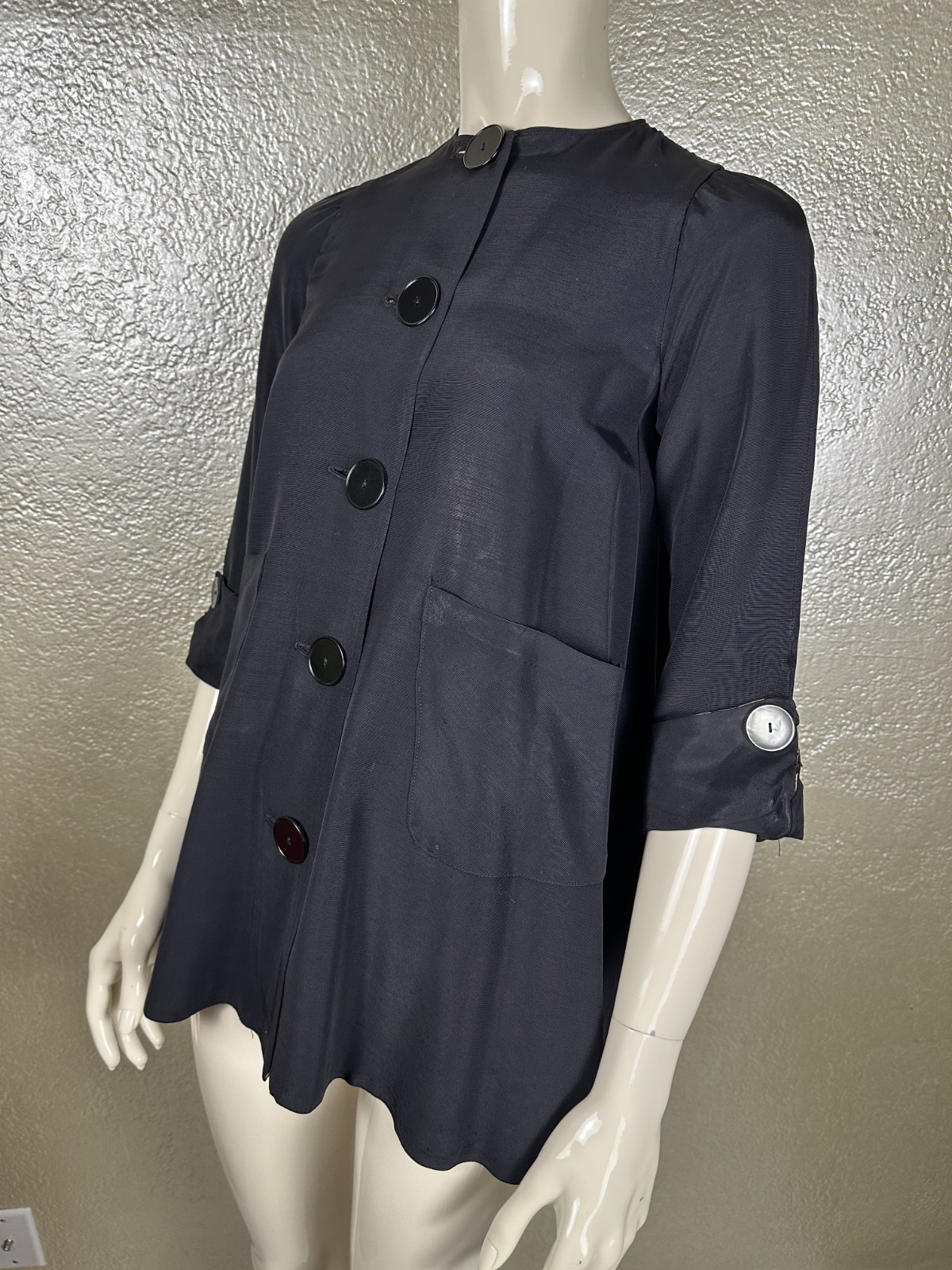 Vintage 1940’s Handmade Black Satin Rayon Jacket Lightweight ¾” Sleeve Petite