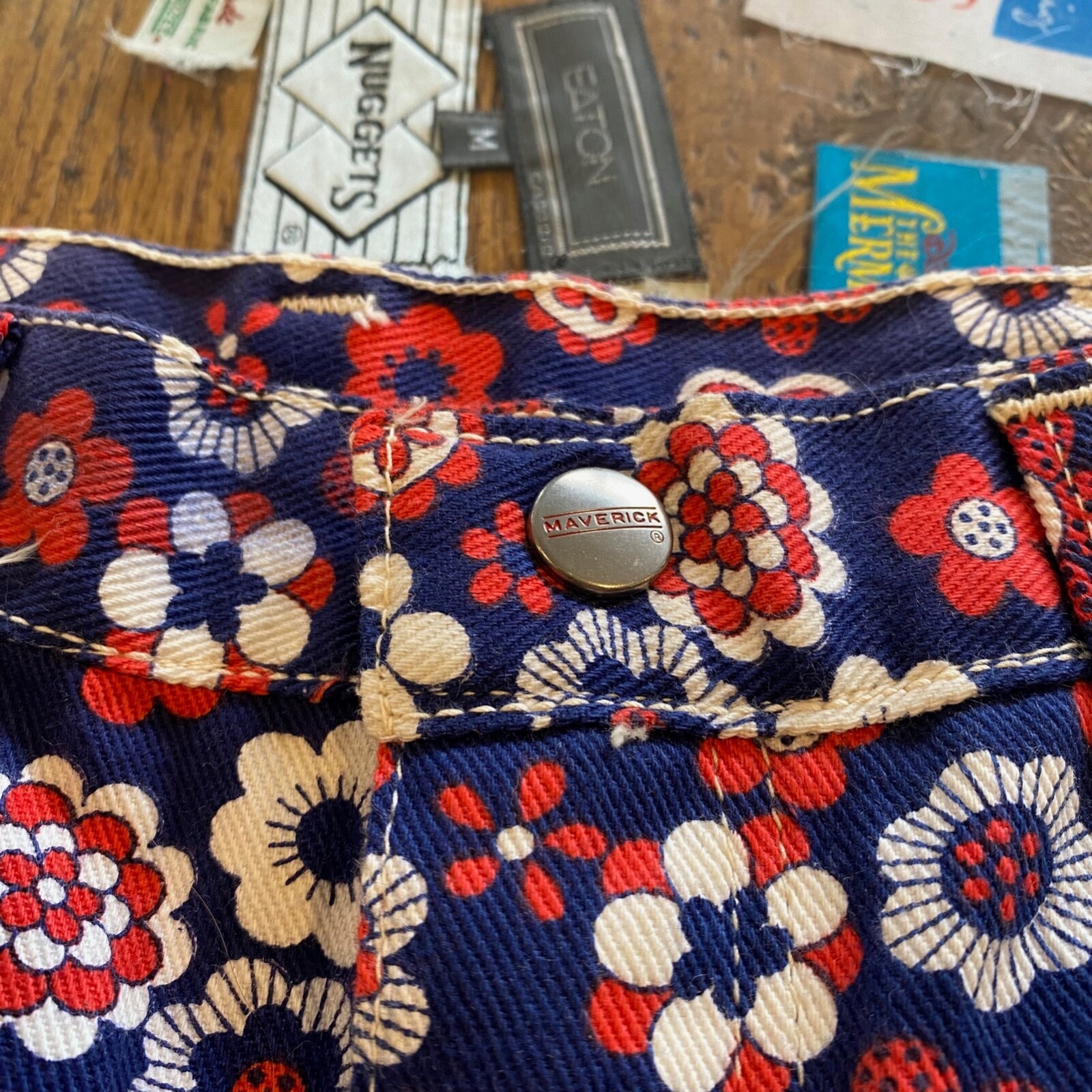 1960s Deadstock Vintage MAVERICK Blue Bell Sanforized Jeans Floral Print Denim