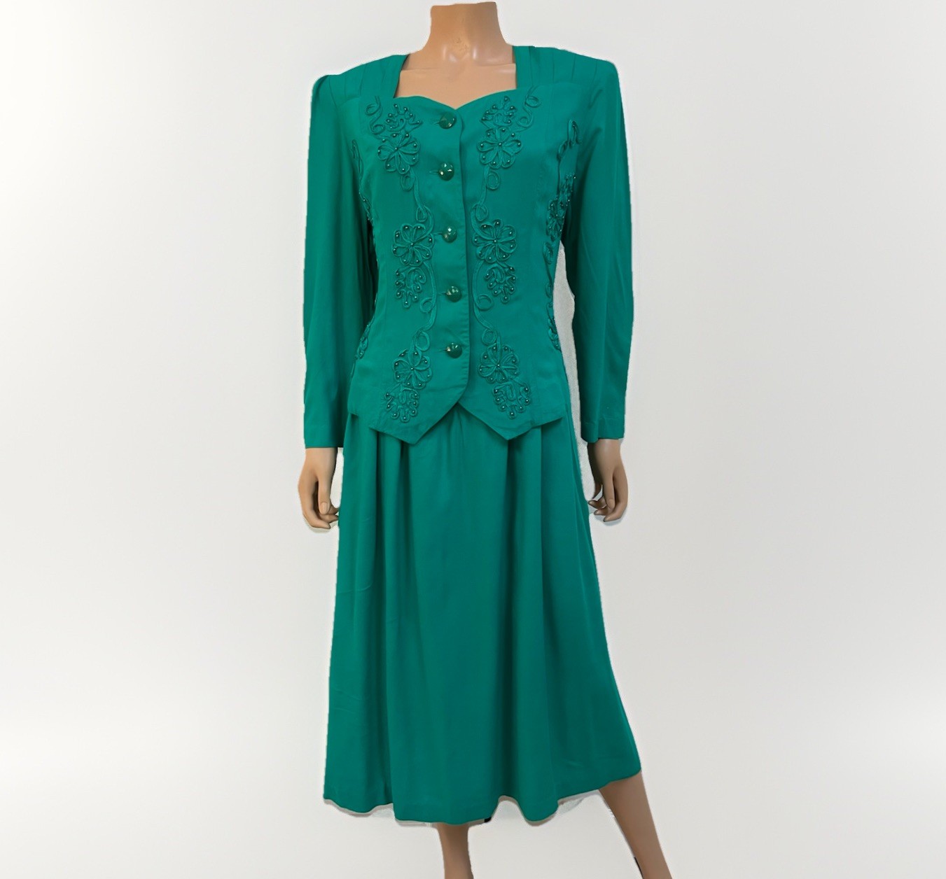 VTG Emerald Green Long Sleeve Embroidered Christmas Dress Size L (18)