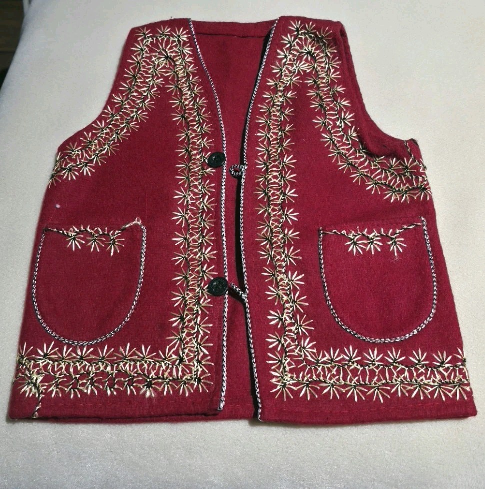 Vintage Handmade Red Wool Felt Child’s Folk Vest Embroidered Traditional Costume
