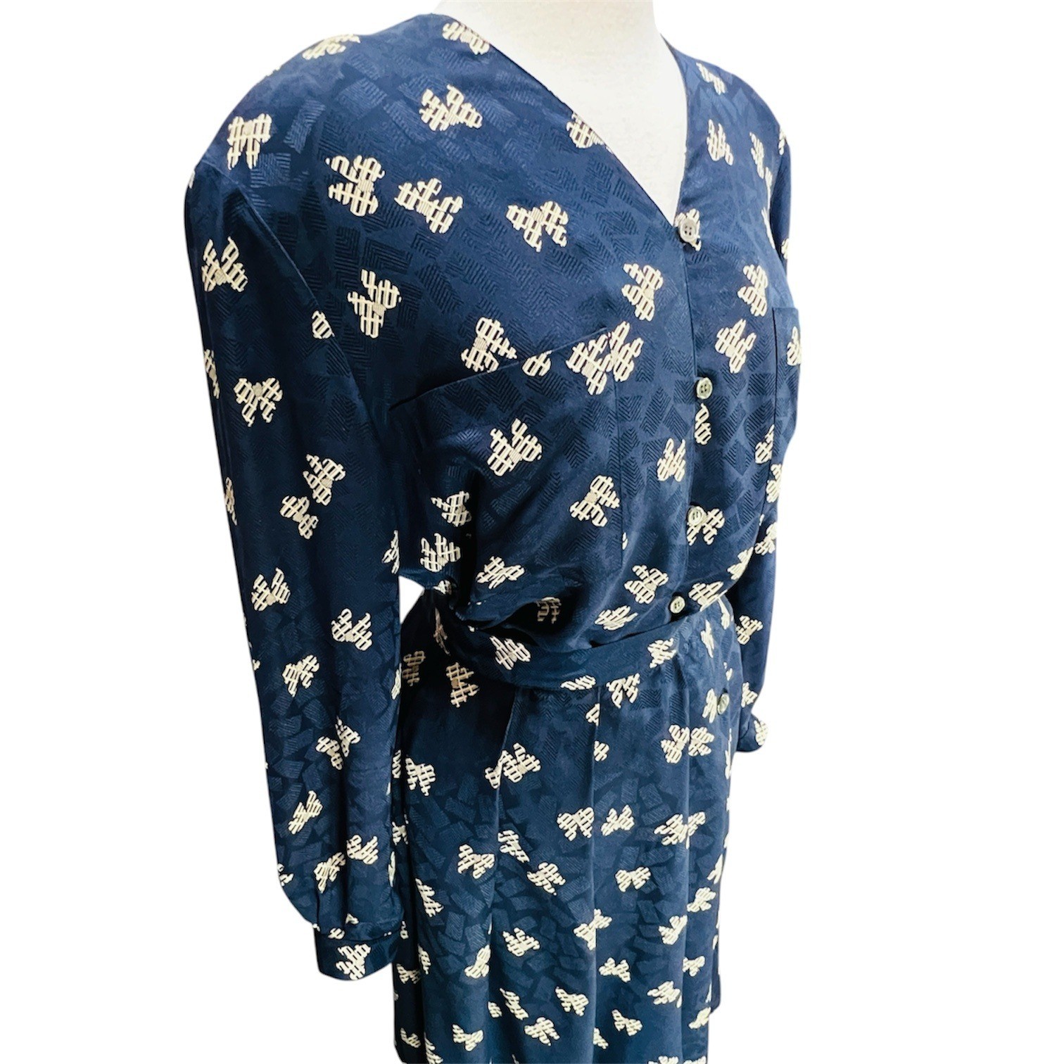 90s Jacquard Bow Print Silk Skirt Blouse Set 12 Navy Office Siren Dark Academia