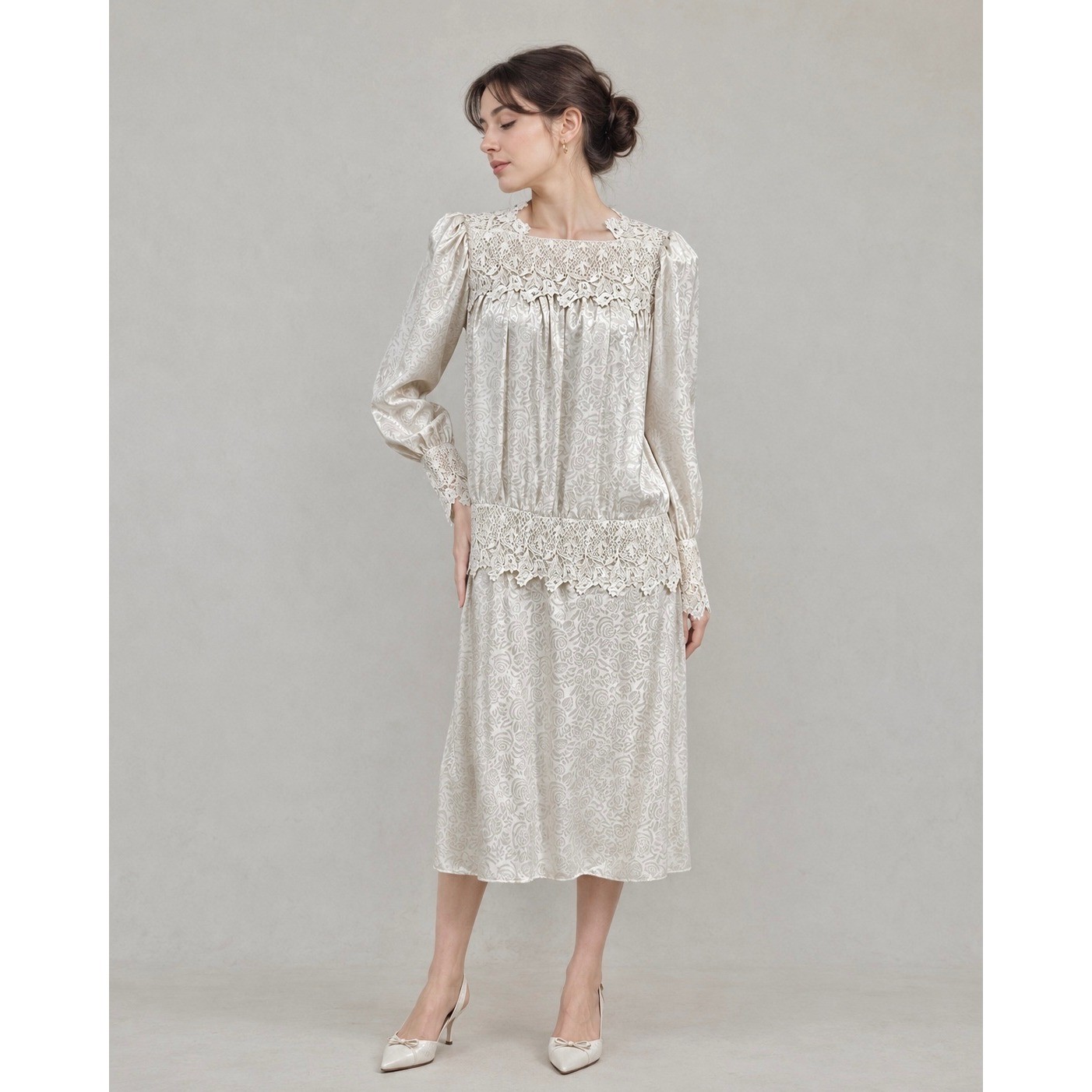Cachet Bari Protas Floral Damask Lace Drop Waist Dress Womens 12 Cream Ivory 80s