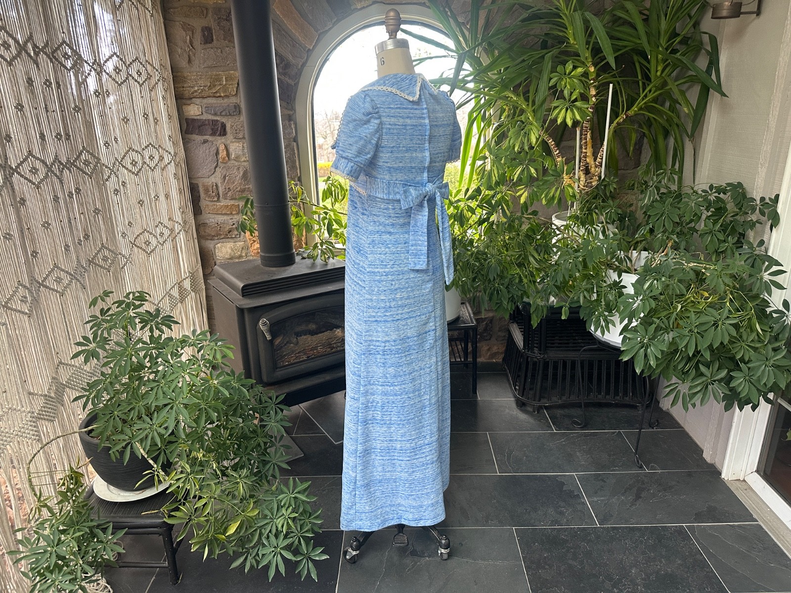 Vintage 1970s Blue and White Variegated Knit and Lace Baby Doll Maxi Dress
