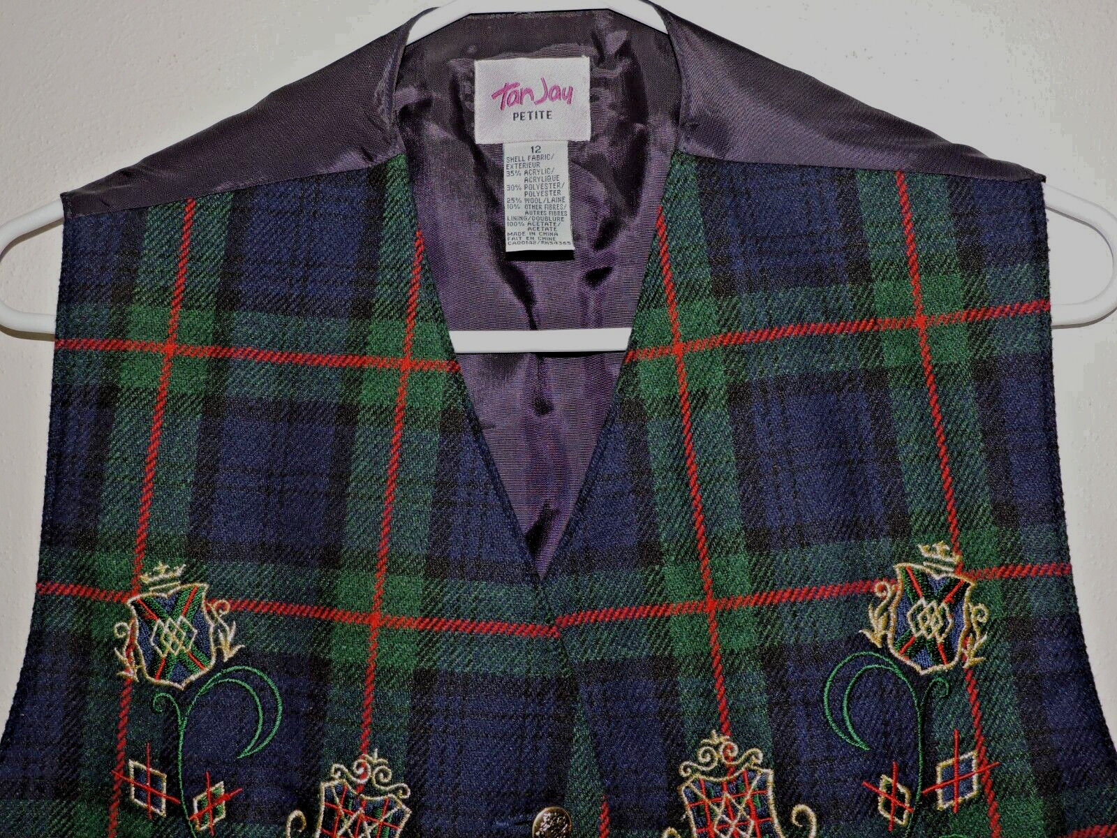 Vintage Tan Jay Petite Multicolor plaid Wool/acrylic/poly Vest Women’s Size 12